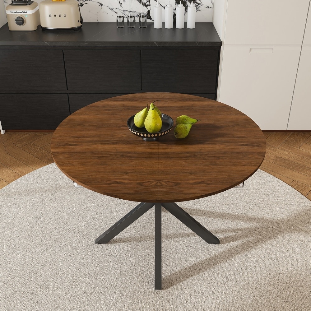 Modern Retractable Solid Wood Round Dining Table with Carbon Steel Base