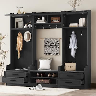 4-in-1 Detachable Hall Tree with Storage, 7 Hooks, Coat Rack, Drawers & Cabinet, Black Shoe Bench for Entryway Hallway