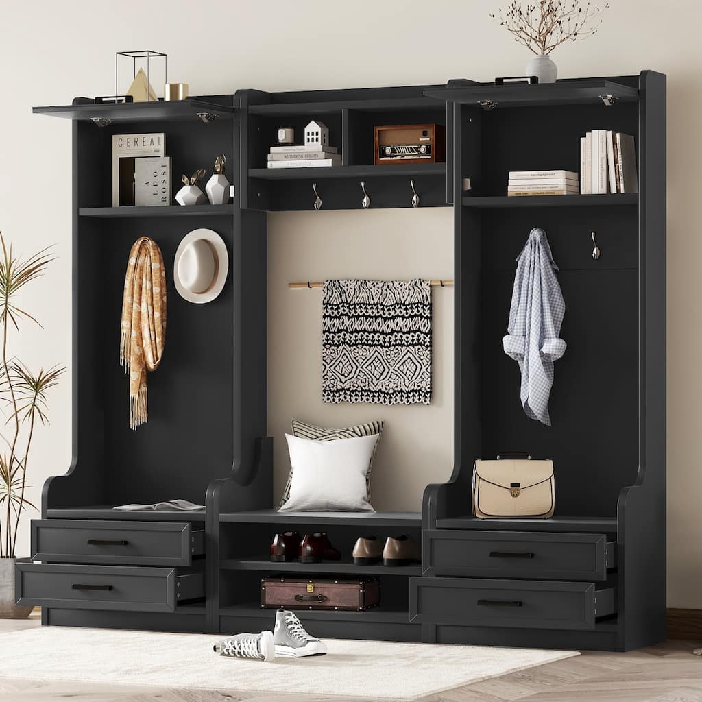 4-in-1 Detachable Hall Tree with Storage, 7 Hooks, Coat Rack, Drawers & Cabinet, Black Shoe Bench for Entryway Hallway
