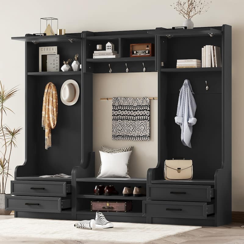 GDFStudio - Janet 4 in 1 Detachable Hall Tree with Coat Hooks, Storage Cabinet and Shoe Bench for Entryway or Hallway - Black