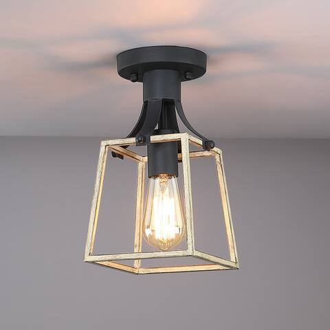 1-Light Black and Wood Farmhouse Open Cage Semi-Flush Mount Ceiling Light - 6.3"W