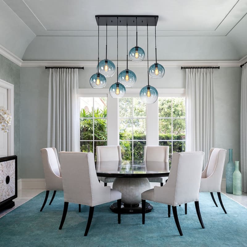 Glam 7-Light Tinted Gradual Blue Glass Globe Kitchen Island Chandelier
