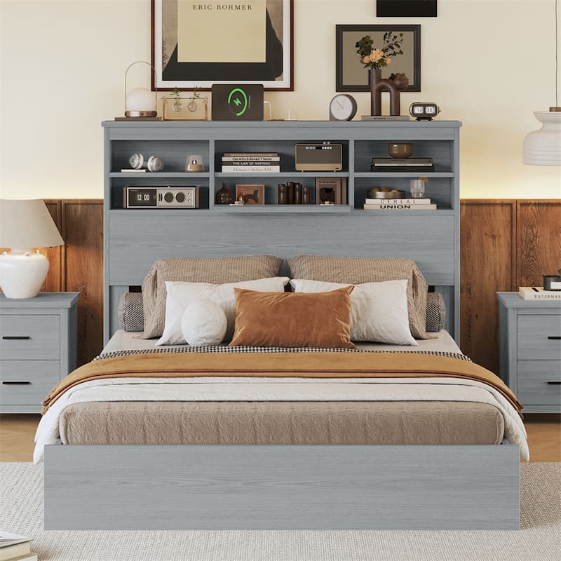 Queen Size Wooden Platform Bed with USB Charging Ports, Headboard