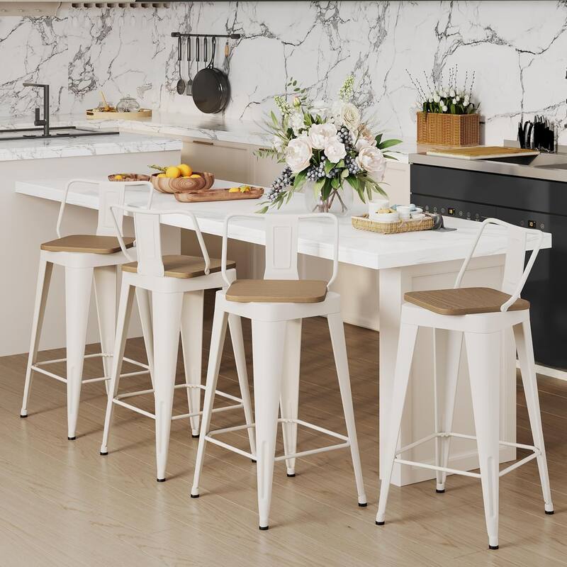 Swivel Counter & Bar Stools with Metal Frame Farmhouse 26" and 30" Seat Height Kitchen Barstools with Low Back and Wooden Seat