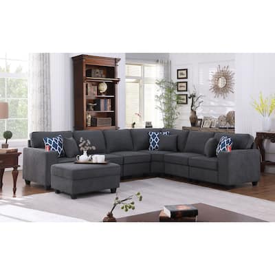 7 Piece Woven Upholstered Sectional Sofa with Ottoman in Stone Gray