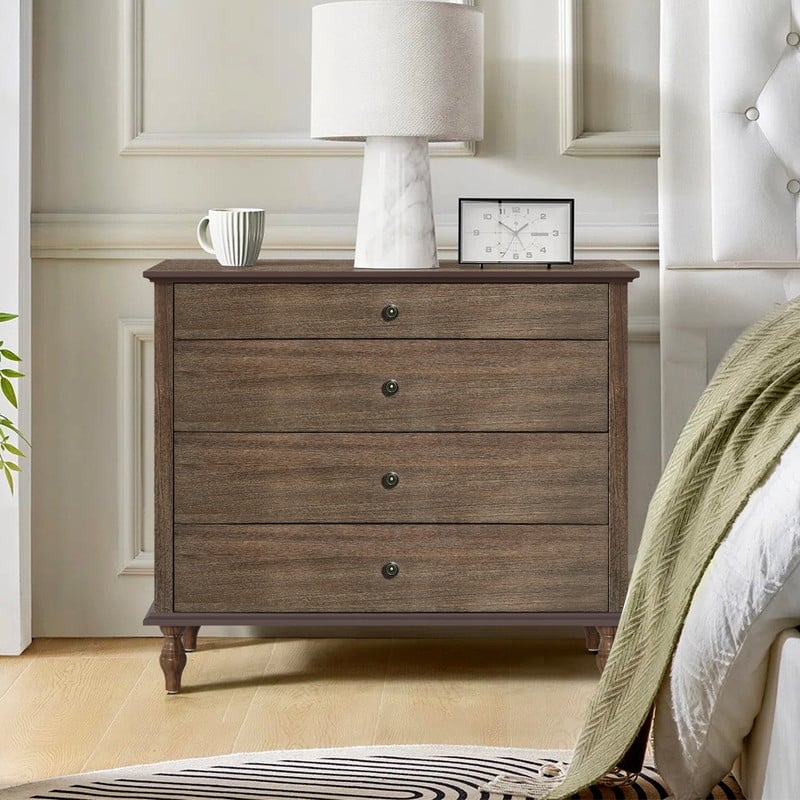 Antique Style 4-Drawer Wood Dresser - Dark Brown