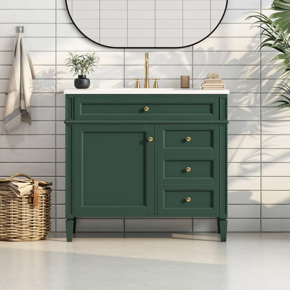 Modern Storage Cabinet Bathroom Vanity with Resin Sink, Tip-out Drawer, 2 Drawers, Side Door Organizer and Adjustable Shelf