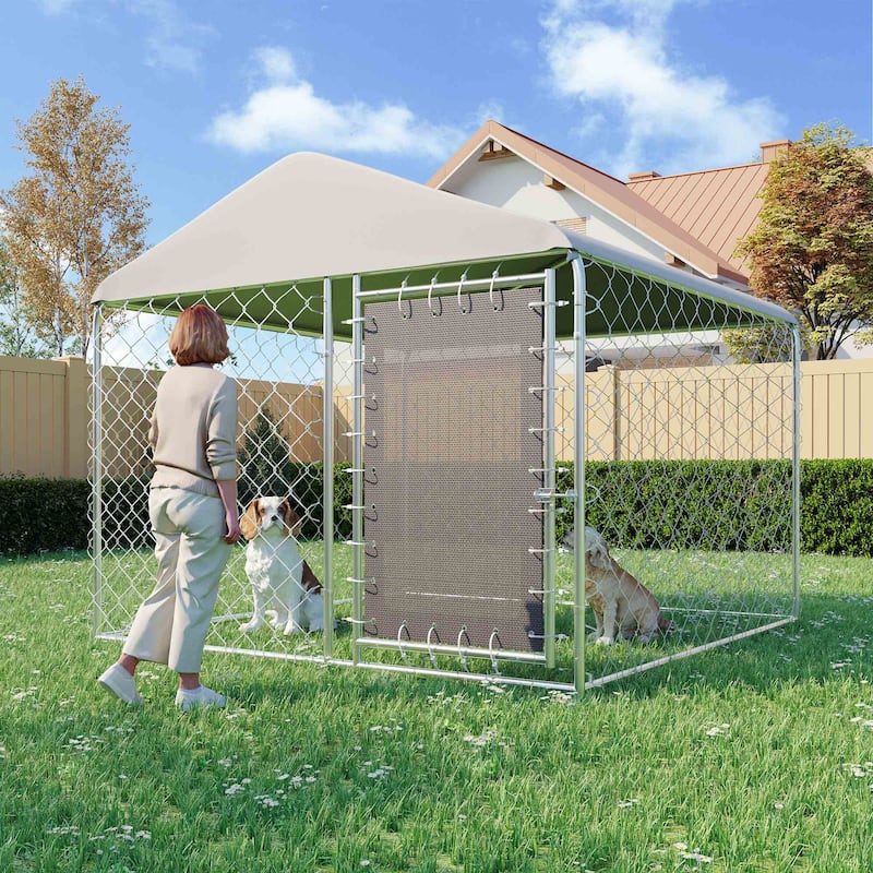 EROMMY Outdoor Dog Kennel, Heavy Duty Large Dog Kennels with Waterproof Cover and Rotating Feeding Door
