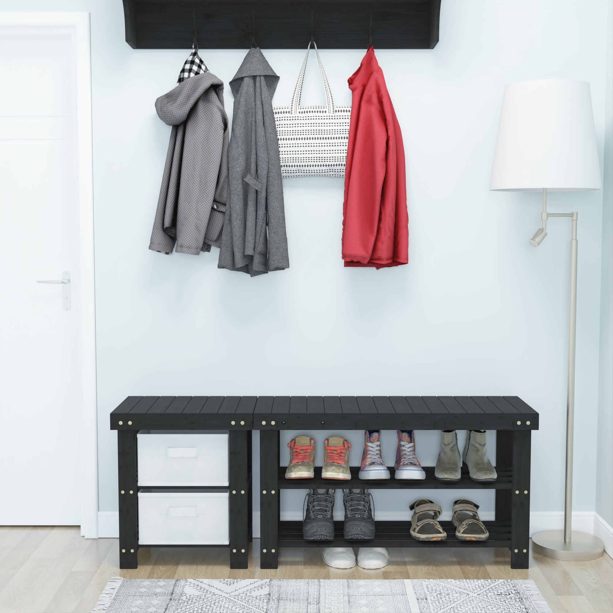 Elephance Solid L Shape Shoe Rack Detachable 3 Tier Bamboo Shoe Bench with Drawers Storage