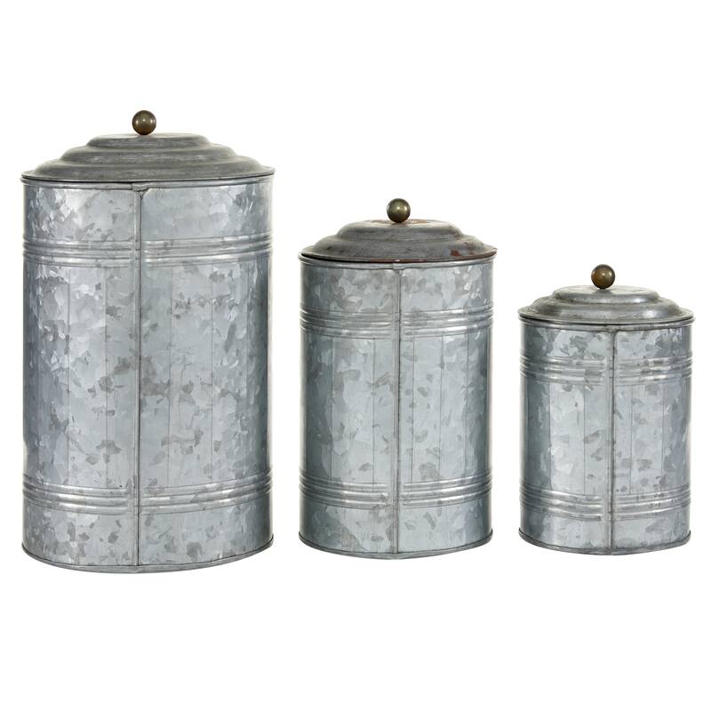 Gray Metal Galvanized Ribbed Living Room Decorative Jars with Gold Ball Knobs (Set of 3)