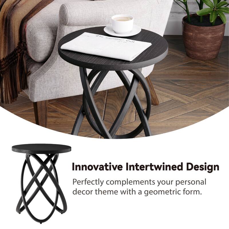 COZAYH Farmhouse End Table Round Wood Side Table Rustic Plant Stand With Intertwined Line Design