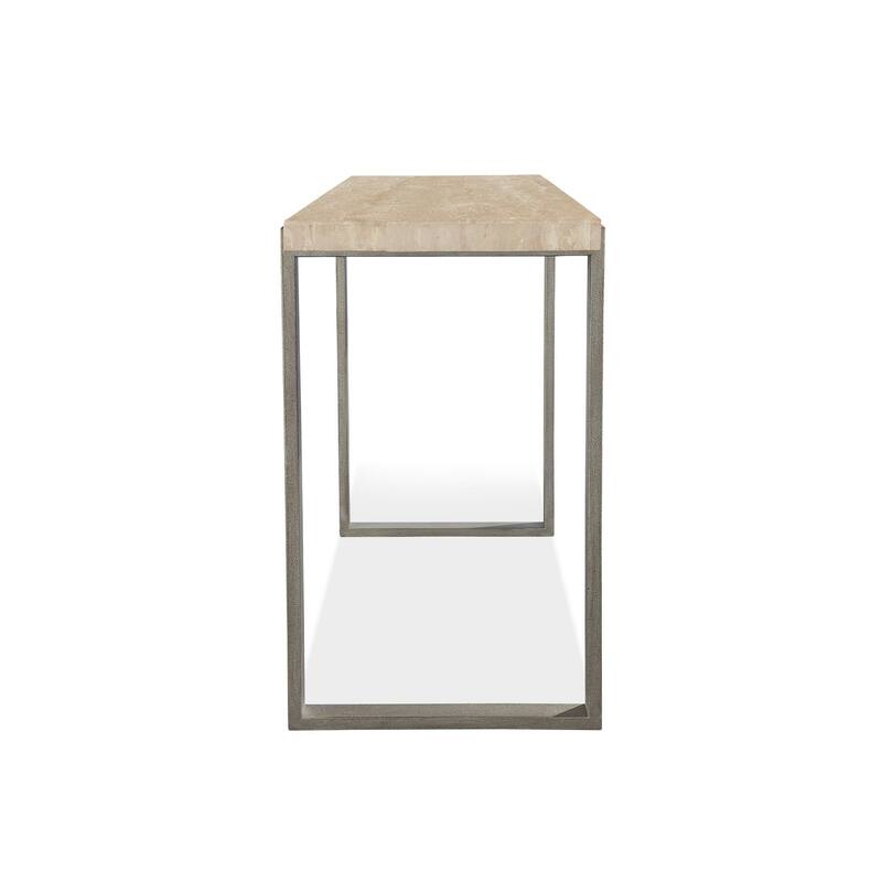 Oxy 54 Inch Console Side Table, Stone Surface, Metal Sled Base, Bronze