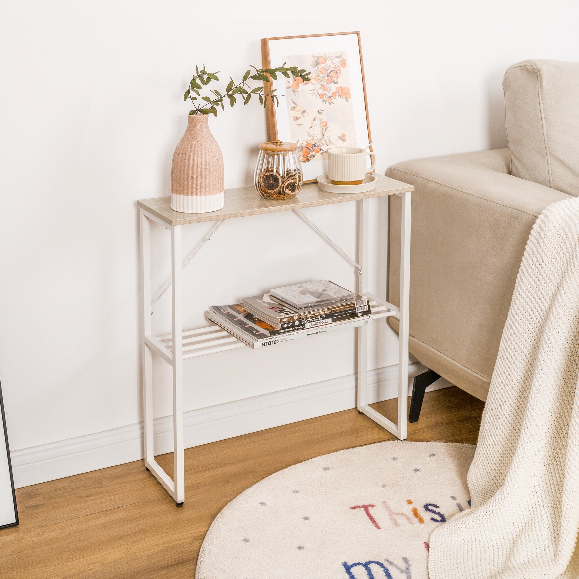 Narrow Side Table with Shelf 25 inch Tall End Table for Small Space