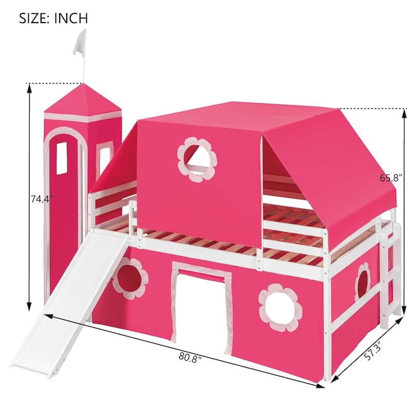 Kids Loft Bed with Slide, Tent and Tower, Solid Wood Castle Playhouse Loft
