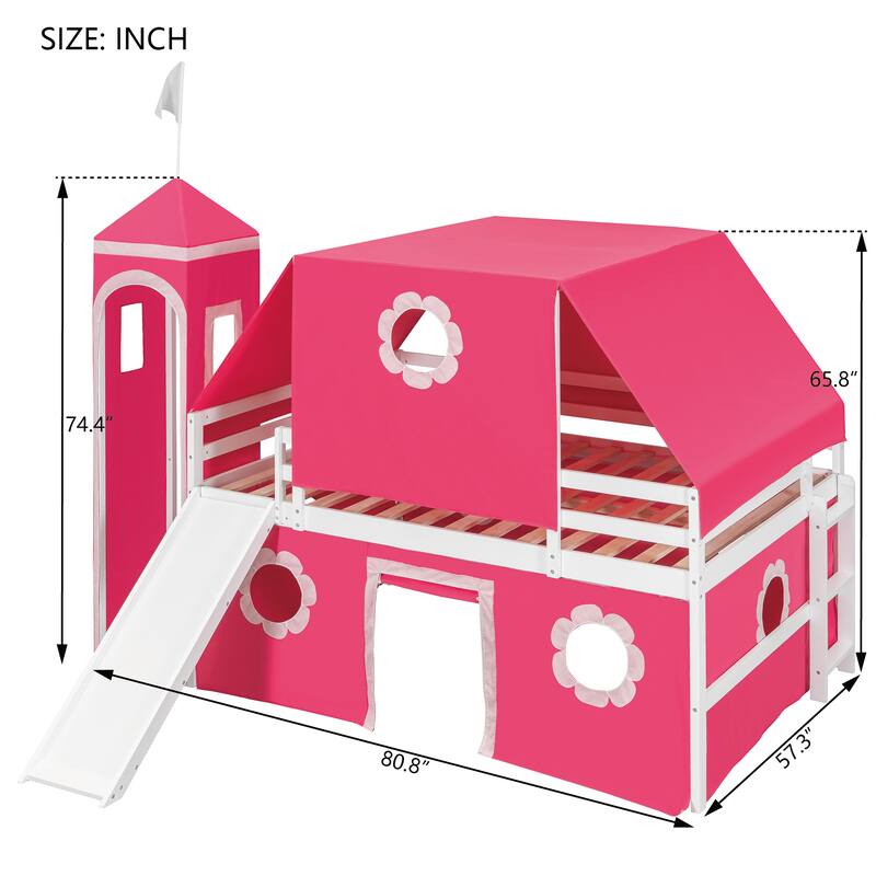 Pink Castle Loft Bed Full Size Bed Tent Frame for Kids with Tower, Slide, Charming window and Semi-enclosed Underbed Space