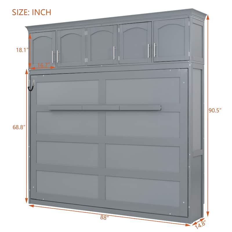 Queen Size Murphy Wall Bed with Top Cabinets, Space Saving Cabinet Bed with Storage, No Box Spring Needed
