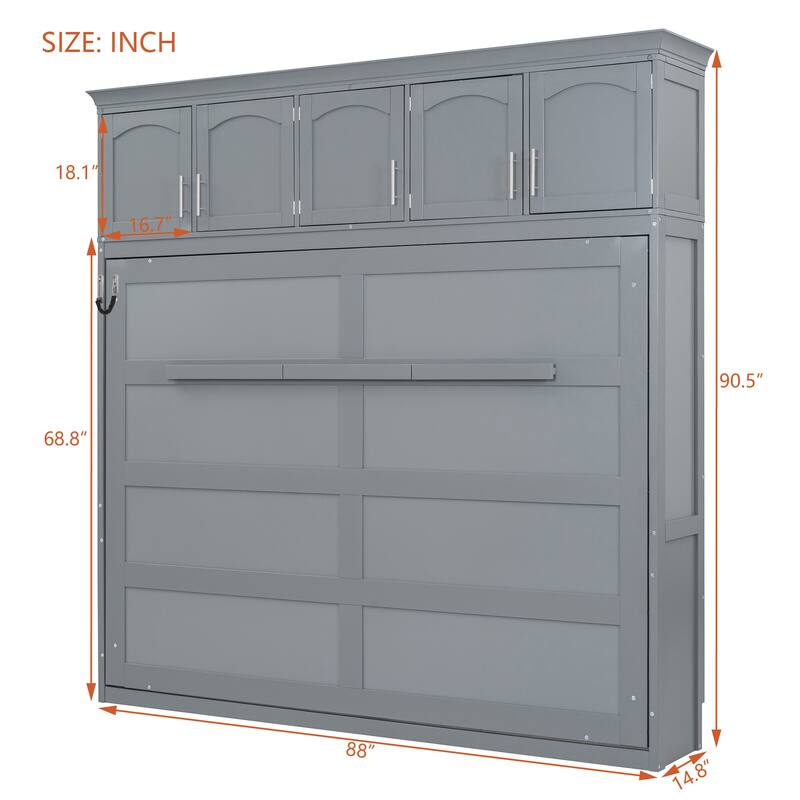 Queen Size Wall Bed with Storage Cabinets, Space-Saving Foldable Murphy Bed in Gray