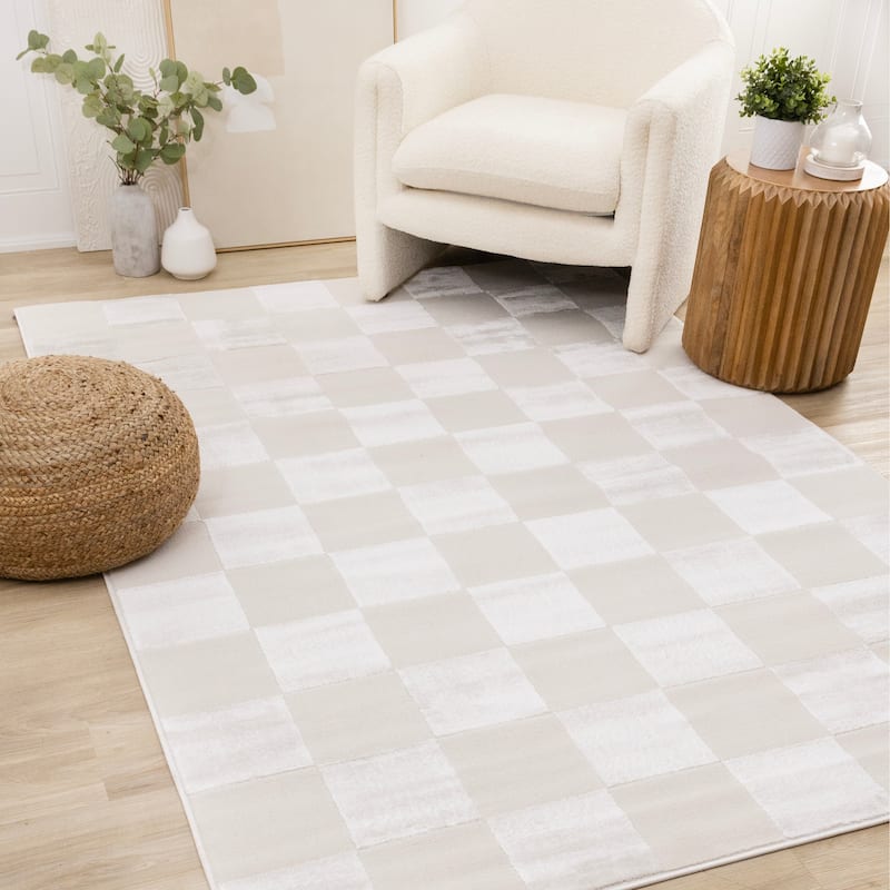 Leonardo White Grey Checkered Area Rug - 6'7" x 9'6"