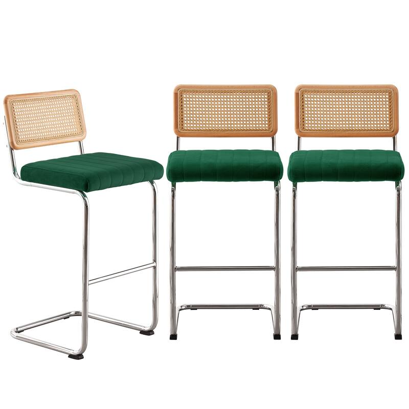 Velvet Upholstered Rattan Counter/Bar Stools, Set of 2/3 - Set of 3 - 30"Dark Green