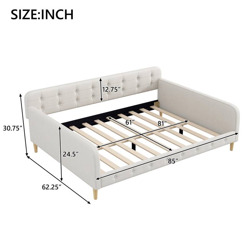 Elegant Style Linen Fabric Daybed, Upholstered Tufted Button Platform Sofa Bed Frame with 4 Solid Pine Wood Legs