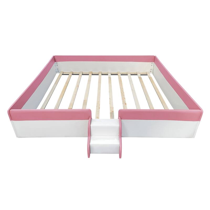 Roomfitters Twin/Full/Queen/King Size Upholstered Daybed Frame with Safety Fence and Stairs, PU Fabric Platform Bed with Slats