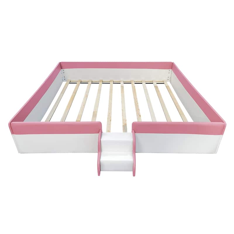 Upholstered Daybed Frame Two-color Grounded Toddler Floor Bed Low Profile Sofa Bed with Fence and Stairs Wood Slat Support Bed