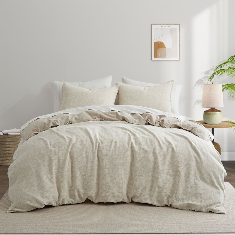 Floral Jacquard Cotton Linen Blend Duvet Cover Set, Bedding Set with Pillowcases - Full - Queen - Leaf
