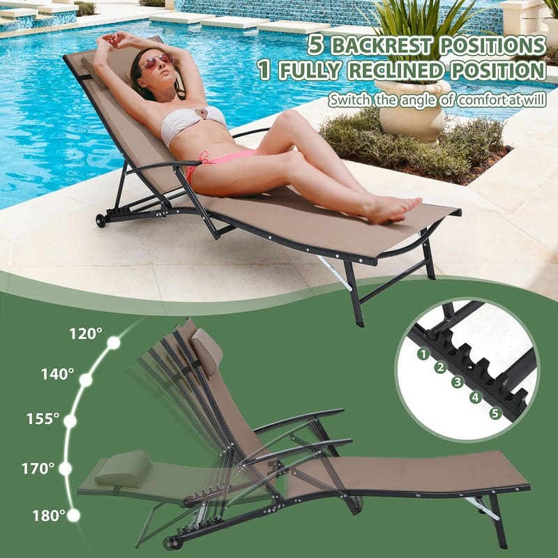 Patio Chaise Lounge Chair with Wheels, 5-Position Recliner with Armrests for Poolside, Beach, Backyard, or Patio