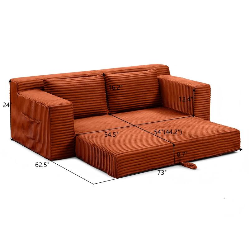 Memory Foam Cloud Loveseat, 2-in-1 Convertible Corduroy Folding Couch Bed, No-Assembly Floor Sofa with Storage Pockets