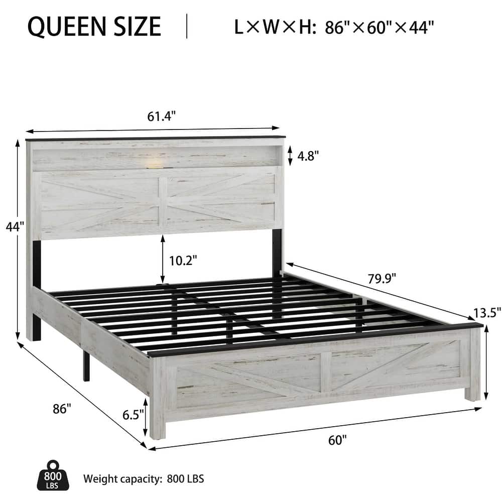 Roomfitters Floating Bed Frame with Illuminated Headboard, Charging Station, Hidden Storage, No Box Spring, White+Grey