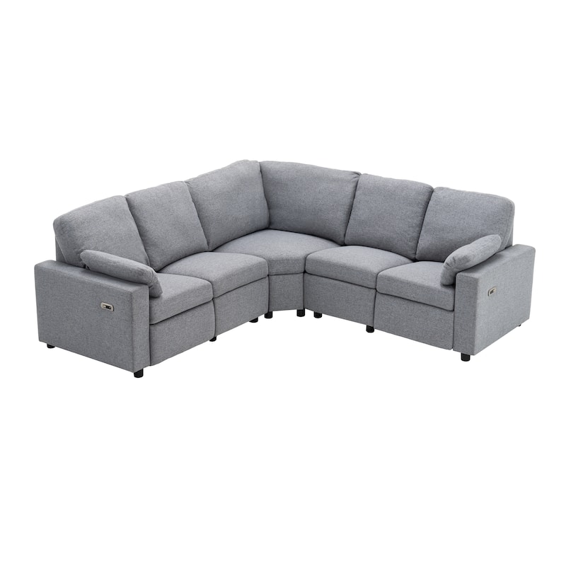 88.9" Linen Power Recliner Sectional 5-Seat Sofa with USB Ports and Storage Drawers