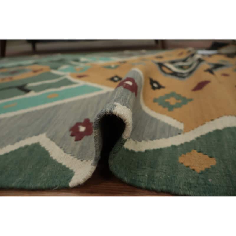 Hand Woven Oriental 100% Wool Carpet Southwestern Tribal Green Kilim Area Rug - 8' 9'' X 4' 11''