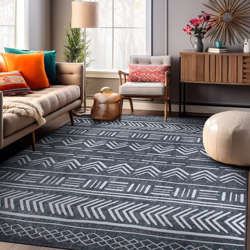 Contemporary Geometric Bohemian Machine Washable Area Rug