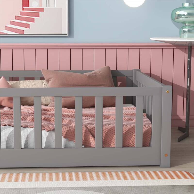 Twin Floor Platform Bed with Fence without Door