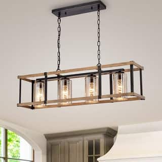 Corina Faux Wood Grain and Antique Black Glass Linear Chandelier