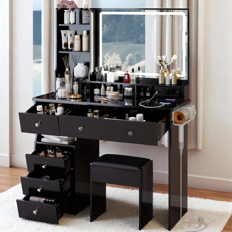 Makeup Vanity with Lighted Mirror, 41" Dressing Table with Charging Station, Cushioned Stool & Storage Drawer