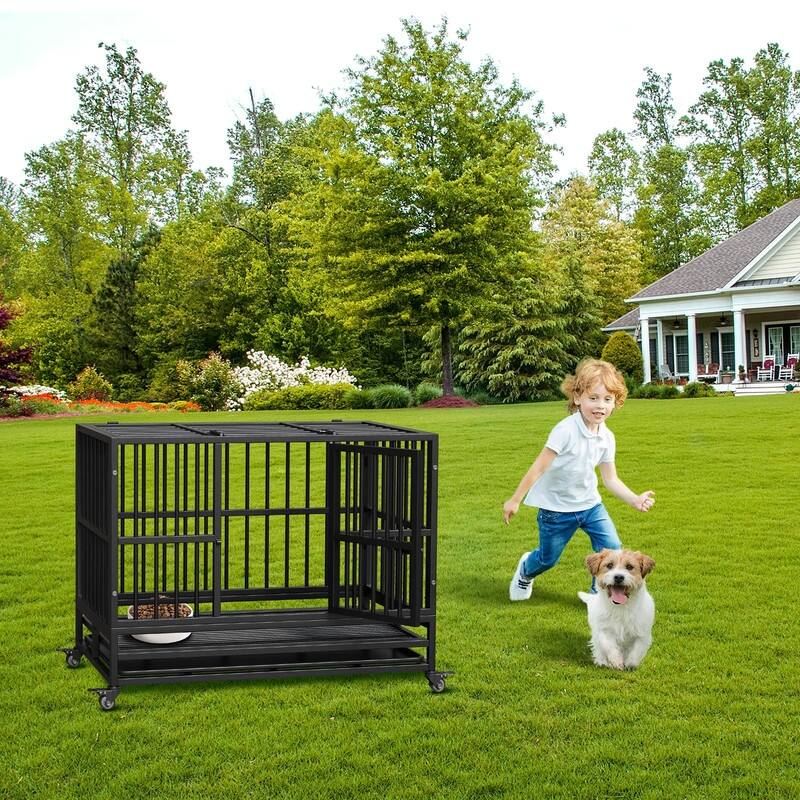 Heavy Duty Dog Crate withDouble Door Wheels ChewProof Metal Kennel for Small Dogs Easy to Assemble