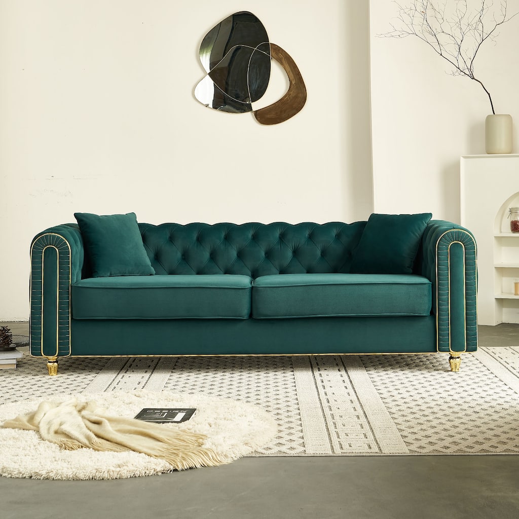 86'' Luxury Modern Tufted Green Velvet Sofa with 2 Toss Pillows