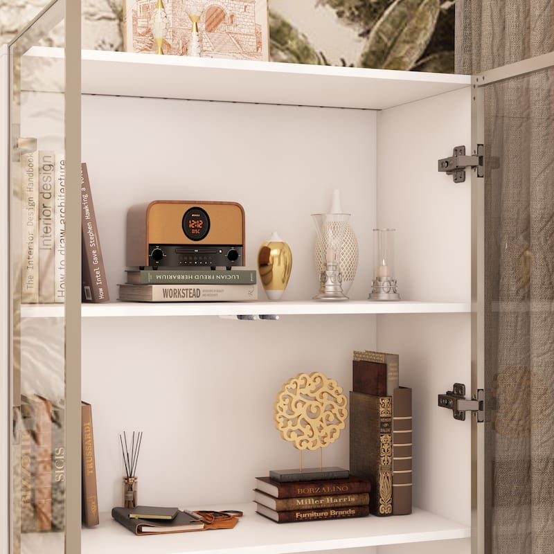Storage Cabinet Glass l Wood Display Cabinet with 4 Shelves and Light
