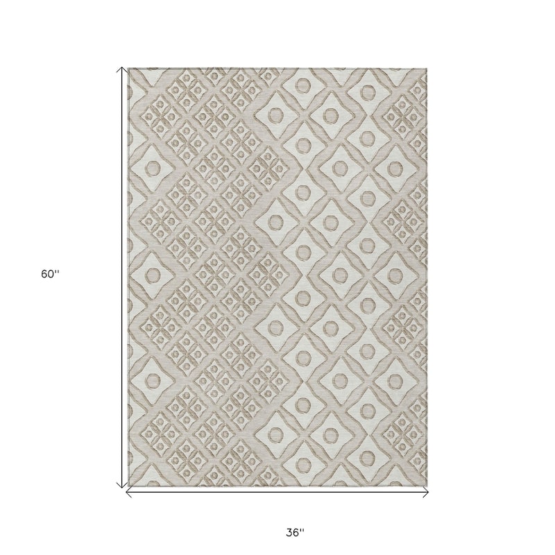 Beige And Ivory Geometric Washable Indoor Outdoor Area Rug - 3' x 5'