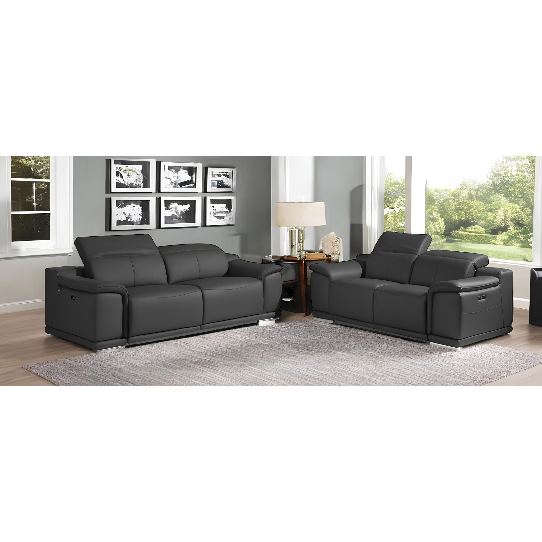 Two Piece Indoor Black Italian Leather Five Person Seating Set Two Piece Indoor Black Italian Leather Five Person Seating Set