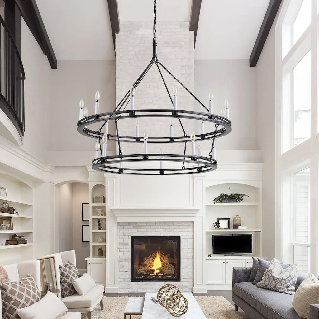 20-Lights Matte Black Wagon Wheel Chandelier - 43.3"D×4.7"W×160.6"H（Adjustable）