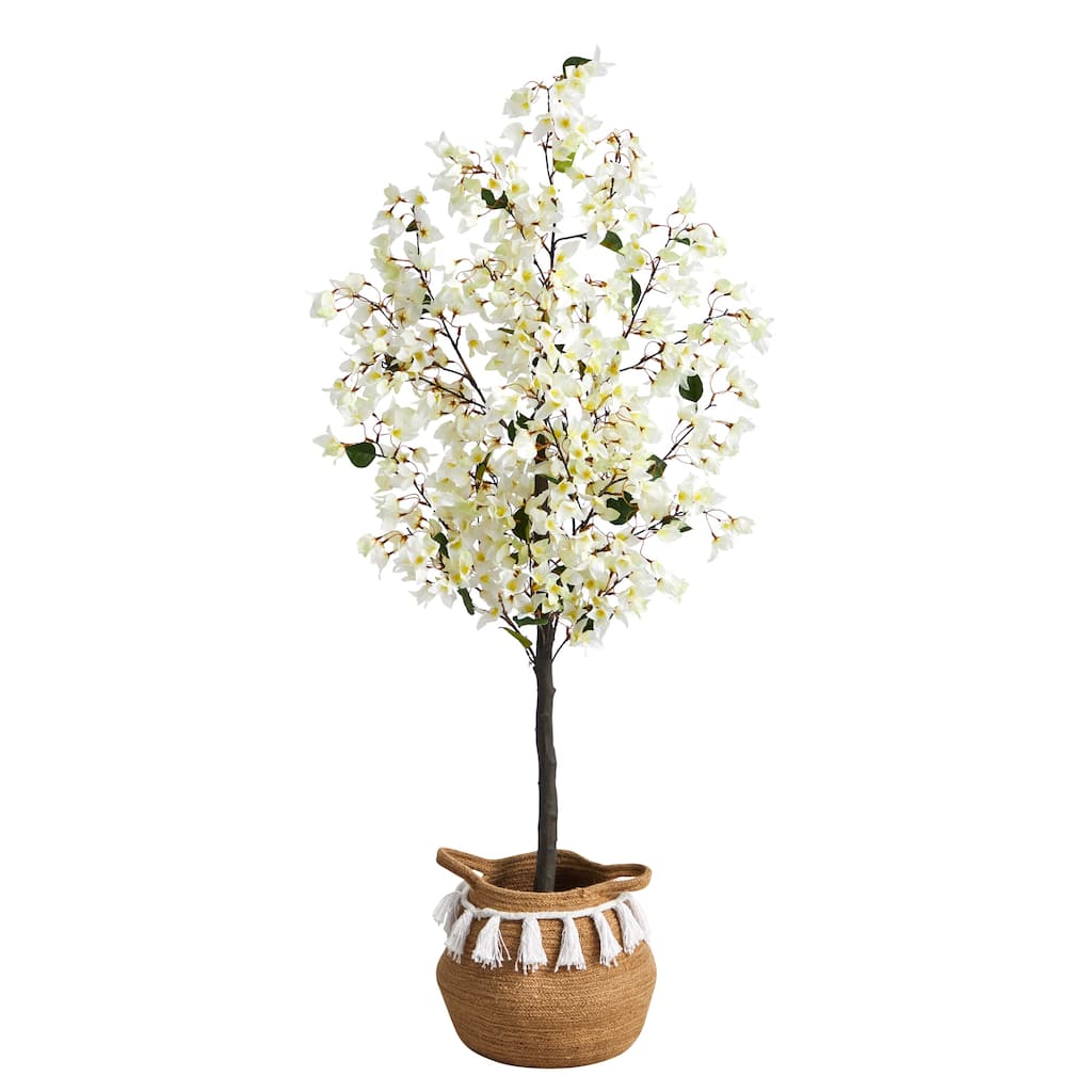 5' Artificial Bougainvillea Tree with Handmade Jute & Cotton Basket with Tassels