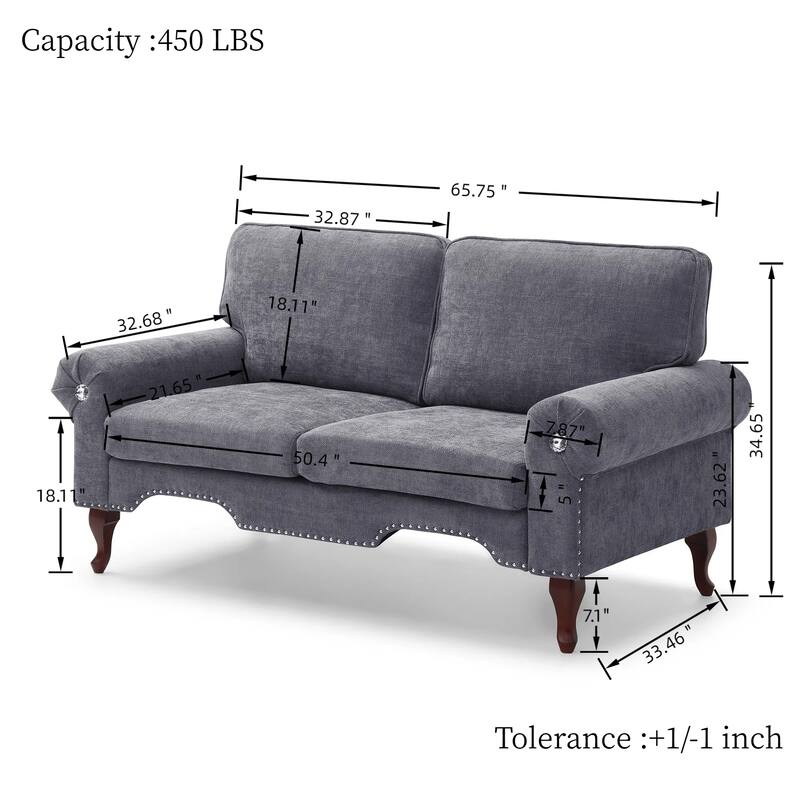 66" Linen Loveseat Sofa with Wooden Legs, Crystal Buttons & Tufted Back