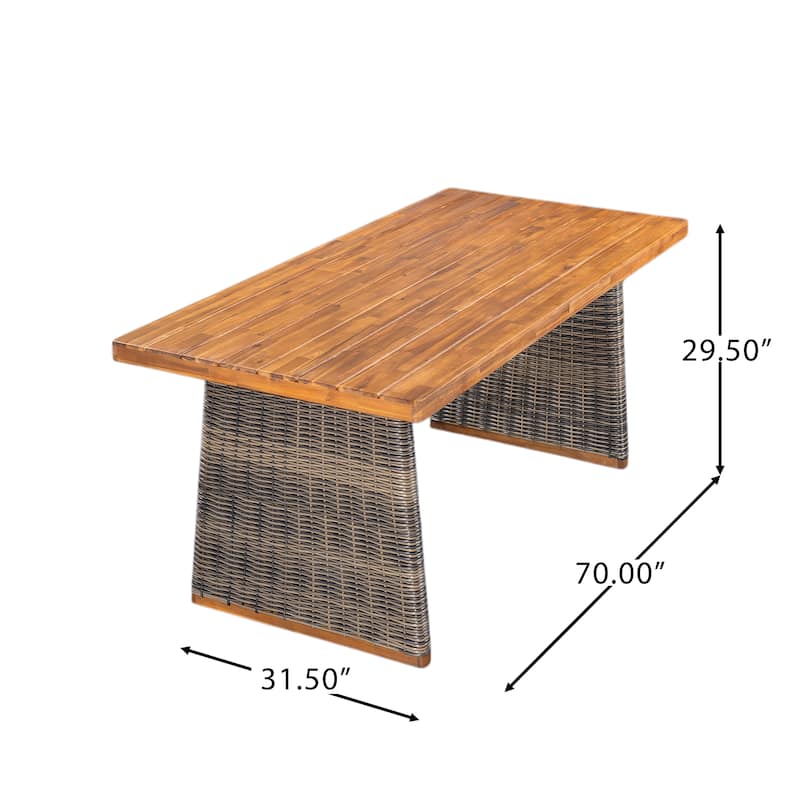 Christopher Knight Home - Rowan Outdoor Acacia Wood Dining Set with Handwoven Rattan Details and Slatted Tabletop