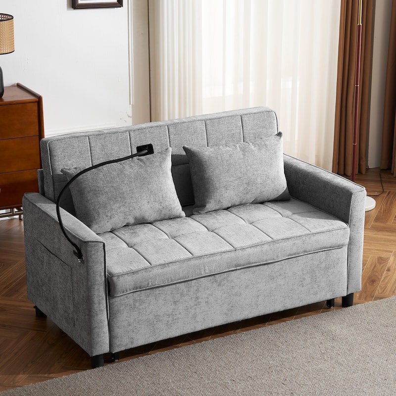 Chenille Luxe Loveseat Sofa Bed with Reversible Backrest, USB Charging, Adjustable Phone Holder by Harper&Bright Designs
