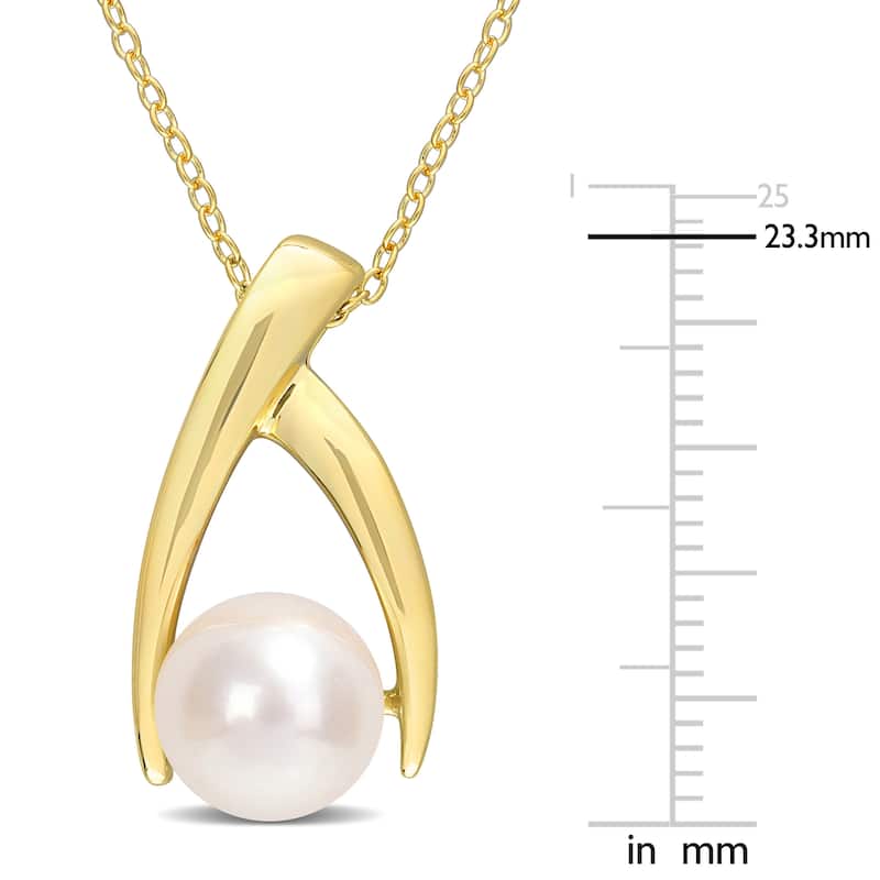 Miadora 9-9.5mm White Freshwater Cultured Pearl Fashion Pendant with Chain Yellow Silver 18KY Micron Plated