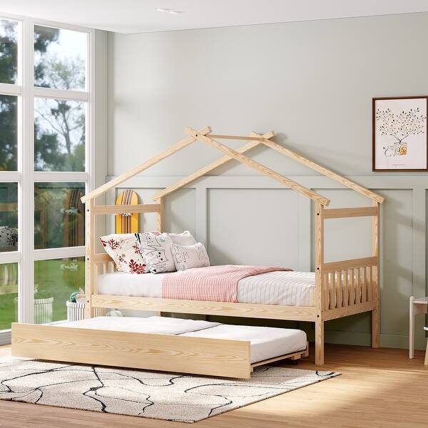 slide 2 of 36, Twin Size House Platform Beds with Guardrail Floor Bed Easy Assembly Natural