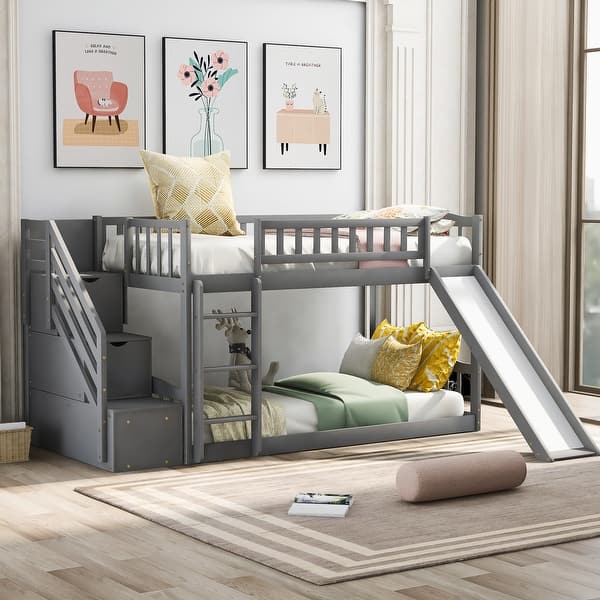 slide 2 of 9, Stairway Twin over Twin Floor Bunk Bed with Two Drawers, Slide and Ladder, Grey