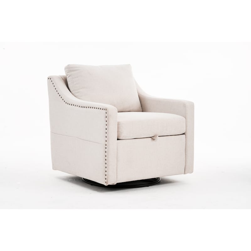 Linen Upholstered Swivel Accent Chair, Ergonomic Single Sofa Chair, Lounge Reading Chair with Nailhead Decor & Metal Base